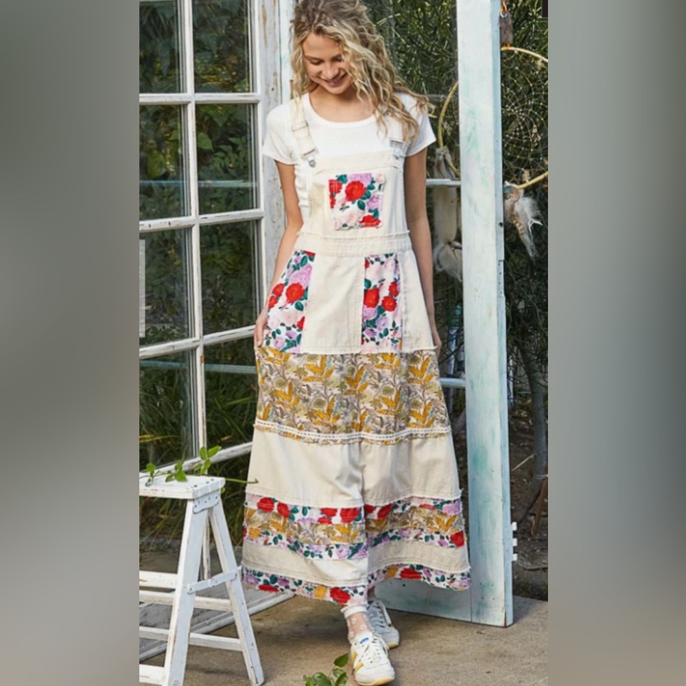 POL Overall Maxi Dress Mixed Print Patchwork Oatmilk Cottage Boho Women’s M New